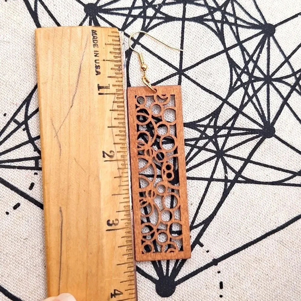 Brown wood earrings rectangular hollowed out geometric carved earrings